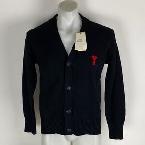 NWT AMI Paris Men's Wool Cardigan Black - Size Small Red Heart Logo